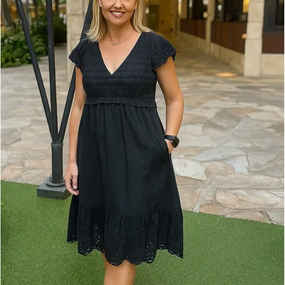 Rails Black Eyelet Midi Dress SMALL Smocked Cottage Ruffle Cotton Designer $268 - Picture 5 of 11